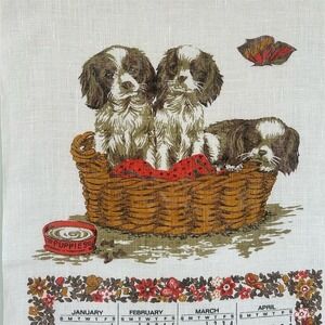 Vintage 1972 Elizabeth Bradley Tea Towel Spaniel Puppies Calendar Design